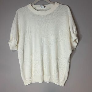 Vintage 1970s Leaves Leaf Knit Dolman Sleeve Sweater Fall Autumn Cream Open Knit